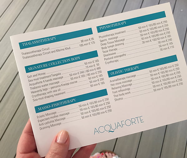 Forte Village Resort, Aquaforte Spa Preisliste 2016, Image by Hey Pretty Beauty Blog